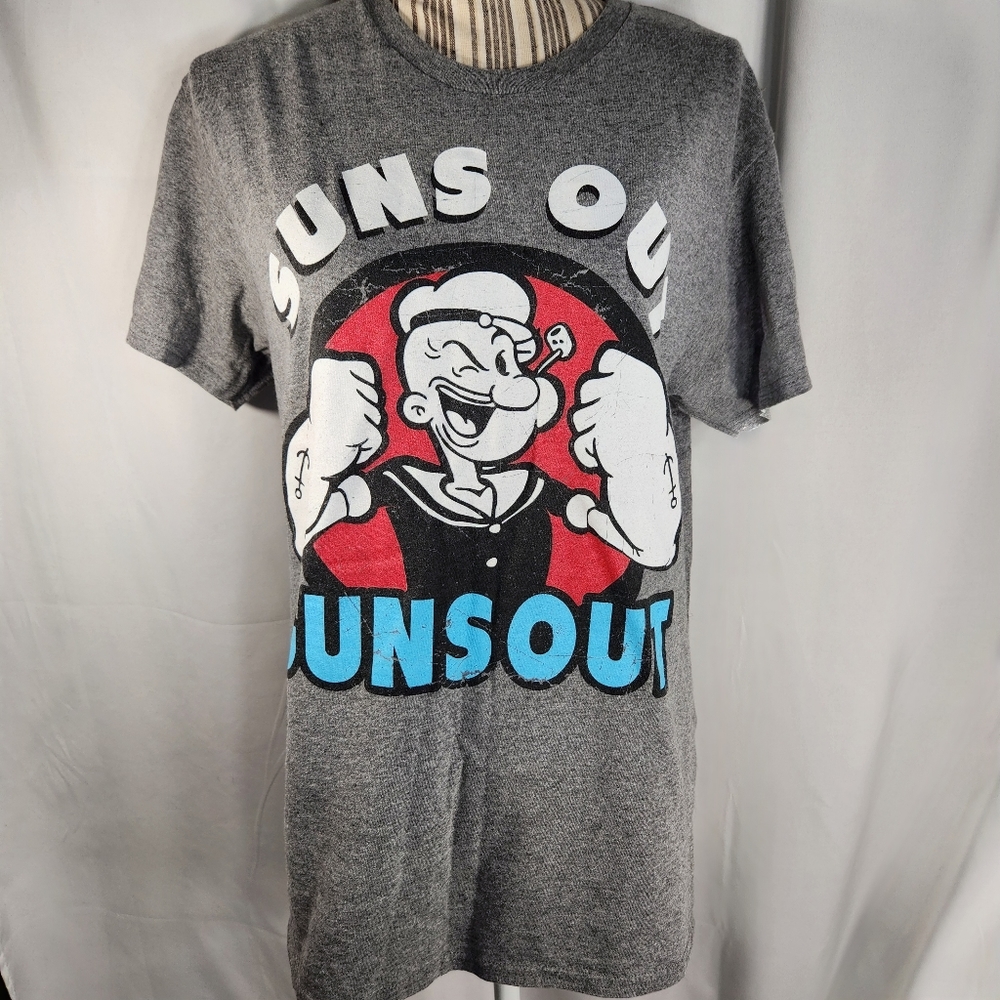 Popeye Suns Out Guns Out Grey Graphic Tee Shirt Size Medium